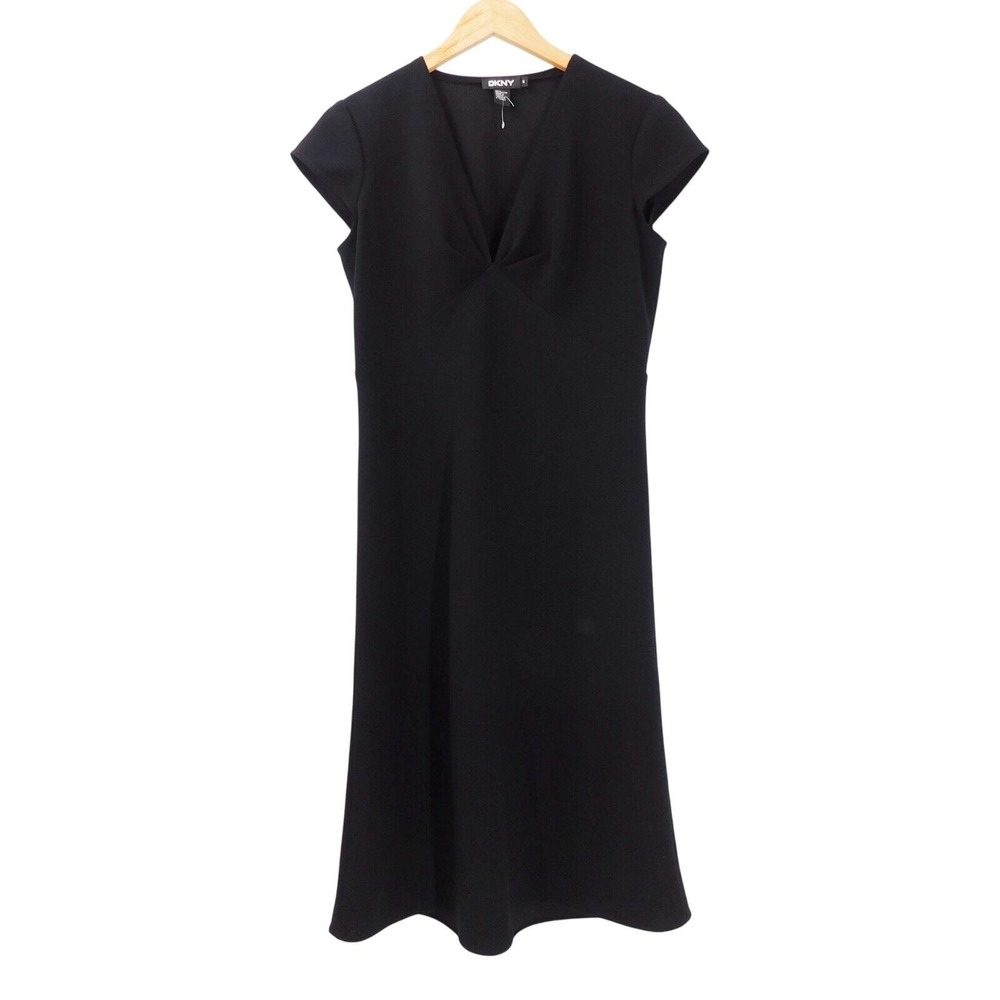 Vintage Womens DKNY Black V Neck Babydoll Midi Dress Cap Sleeve‎ Size 6
